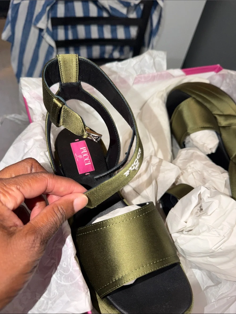 Emilio Pucci Olive Green Satin Platform Sandals